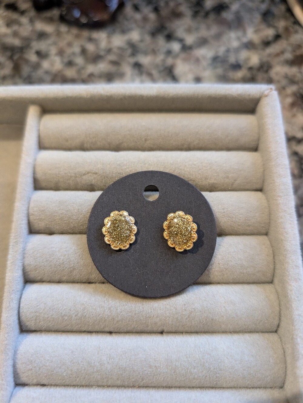 Handcrafted Gold Glitter Scalloped Stud Earrings | Sparkly Floral Design